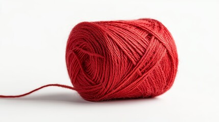 Red thread isolate on white background. Selective focus. Old.