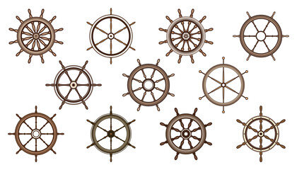 Wooden vintage steering wheels. Ship, sailboat or yacht retro wheel symbol. Brown nautical rudder icon. Marine logotype design element. Vector illustration