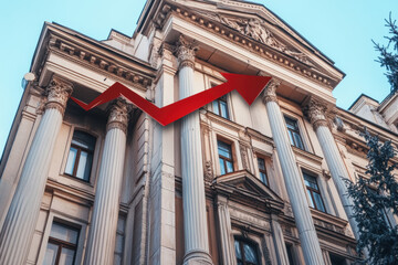 A bank building with large red arrow pointing upwards symbolizes financial growth and success. architectural details highlight its grandeur and importance in financial sector