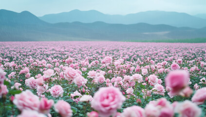  A vast field of pink peonies in the valley, surrounded by mountains and fog. The flowers cover an area as large as one million square meters. Created with Ai