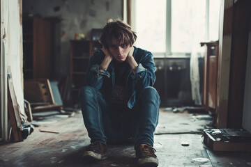 Fototapeta premium Individual with a hollow look sitting in a shabby apartment, facing the consequences of dependency