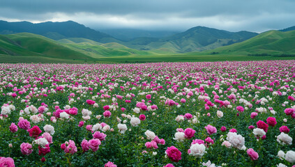 In the green grasslands of Xizang, China, the landscape is filled with blooming pink and white roses. Created with Ai