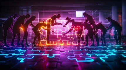 Obraz premium Team Collaboration Puzzle Neon Lights Success Concept