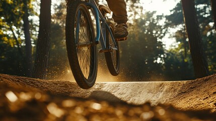 Naklejka premium A cyclist performing a jump on a dirt track in a sunlit forest.
