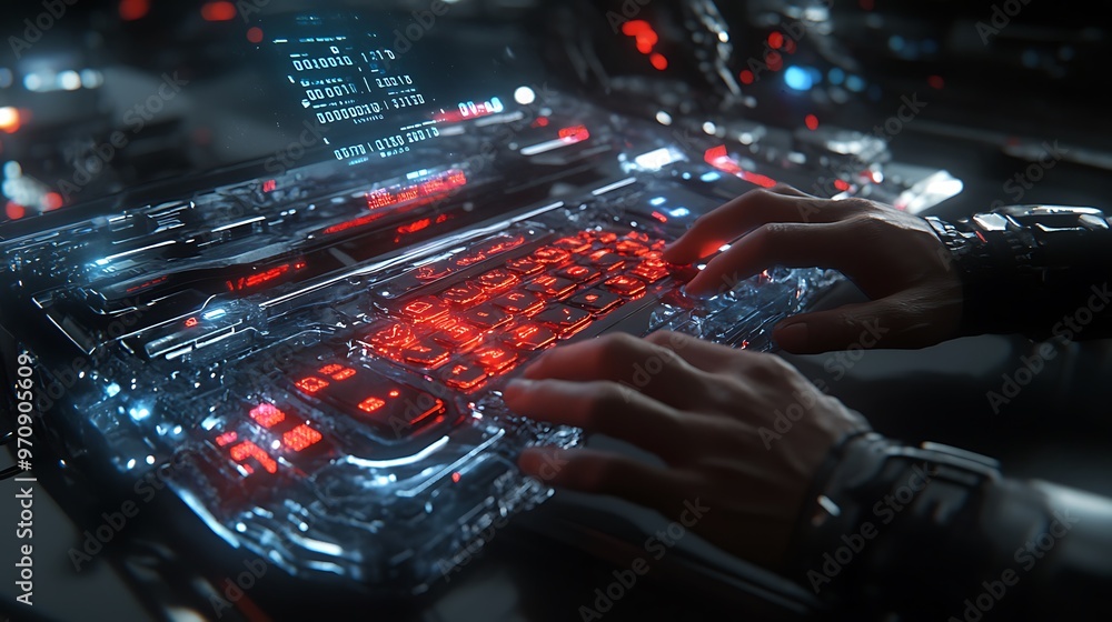 Poster Futuristic Keyboard with Red Backlit Keys and a Display