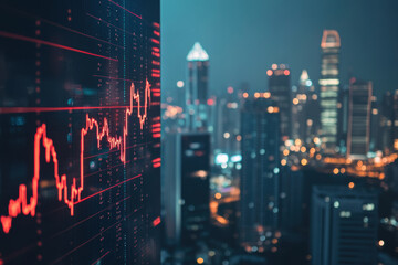 Obraz premium Digital display showing falling interest rates against city skyline at night, highlighting financial trends and urban life. vibrant lights create dynamic atmosphere