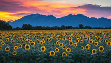 Fototapeta premium A breathtaking painting of sunflowers blooming in an expansive field under the golden hues of sunset, creating a picturesque scene that captures nature's beauty and tranquility. Created with Ai