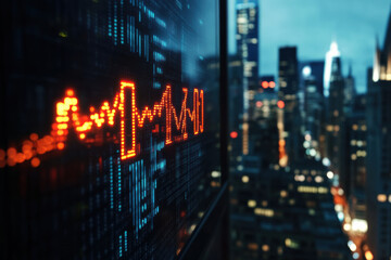 Digital display showing falling interest rates against city skyline, capturing moment of economic change and uncertainty. vibrant colors contrast with urban backdrop