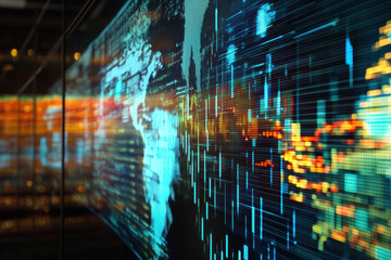 Obraz premium Digital display showcasing rapidly falling interest rates, with vibrant colors and intricate patterns representing data trends. visual conveys sense of urgency and change