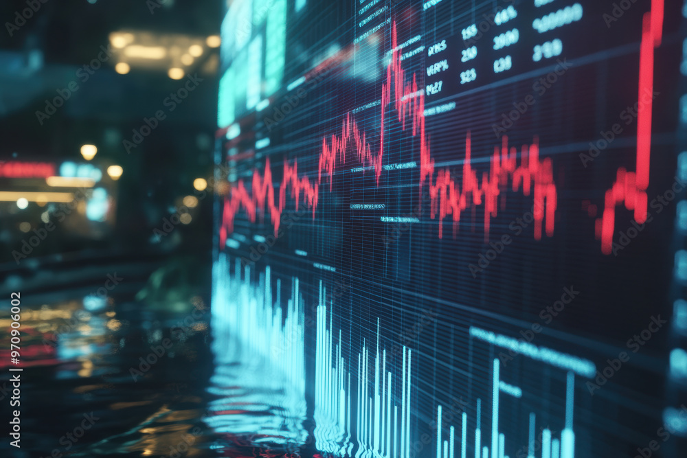 Poster digital screen showing interest rates dropping, with vibrant graphs and data visualizations reflecti