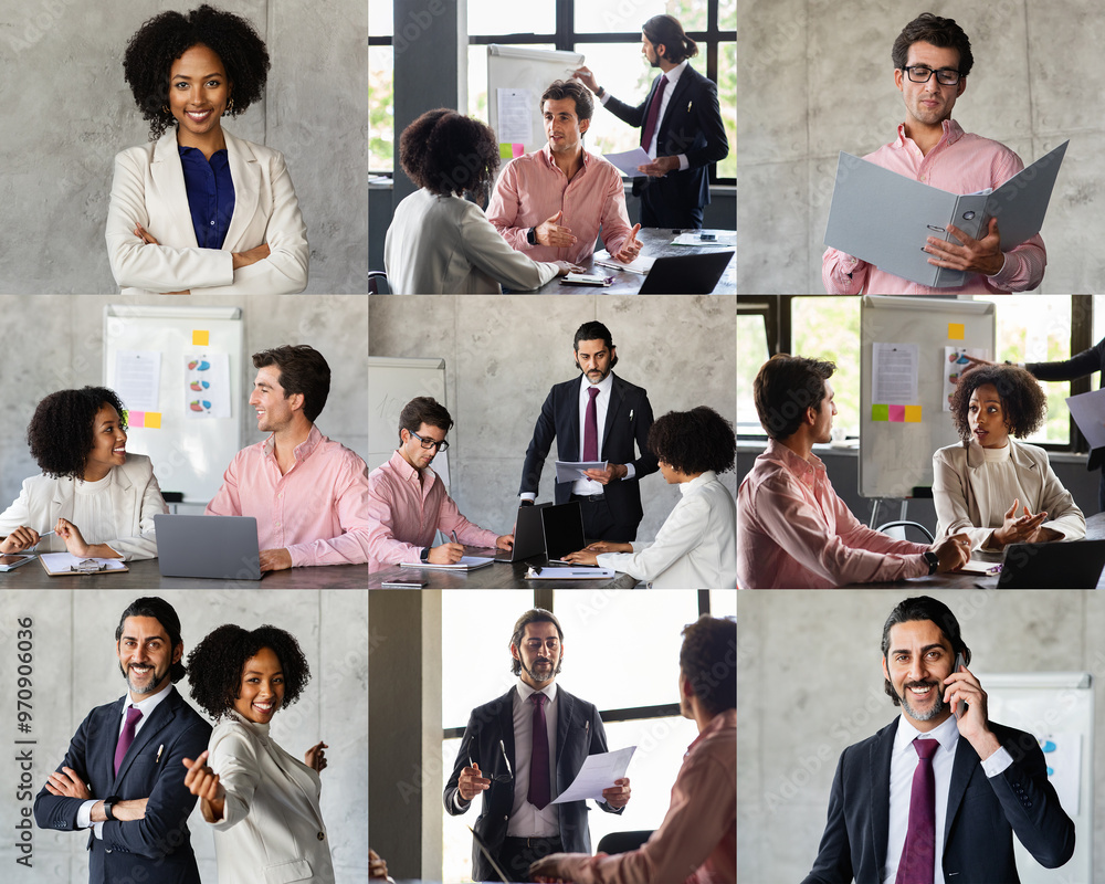Poster a diverse group of professionals engages in various activities within a modern office setting. indiv