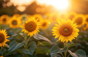 Obraz premium A field of sunflowers basking in the golden glow of sunset, their petals spread wide and vibrant against the backdrop of nature's symphony. Created with Ai