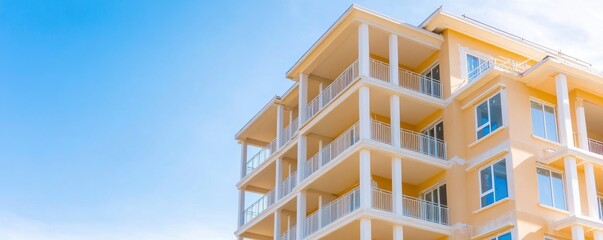 A yellow building with a blue sky in the background. The building has a balcony and a sun shining on it