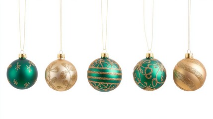 Set of seven golden and green decoration Christmas balls collection hanging isolated