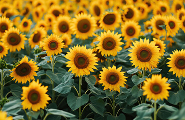 Obraz premium A field of sunflowers basking in the golden glow of sunset, their petals glistening with each petal's unique texture and shape. Created wth Ai