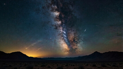A mesmerizing cosmic scene of the Milky Way galaxy stretching across the night sky, with clusters of stars and vibrant clouds of interstellar dust 