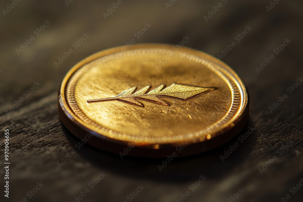 Poster a close up view of shiny gold coin featuring distinct arrow design, symbolizing direction and potent