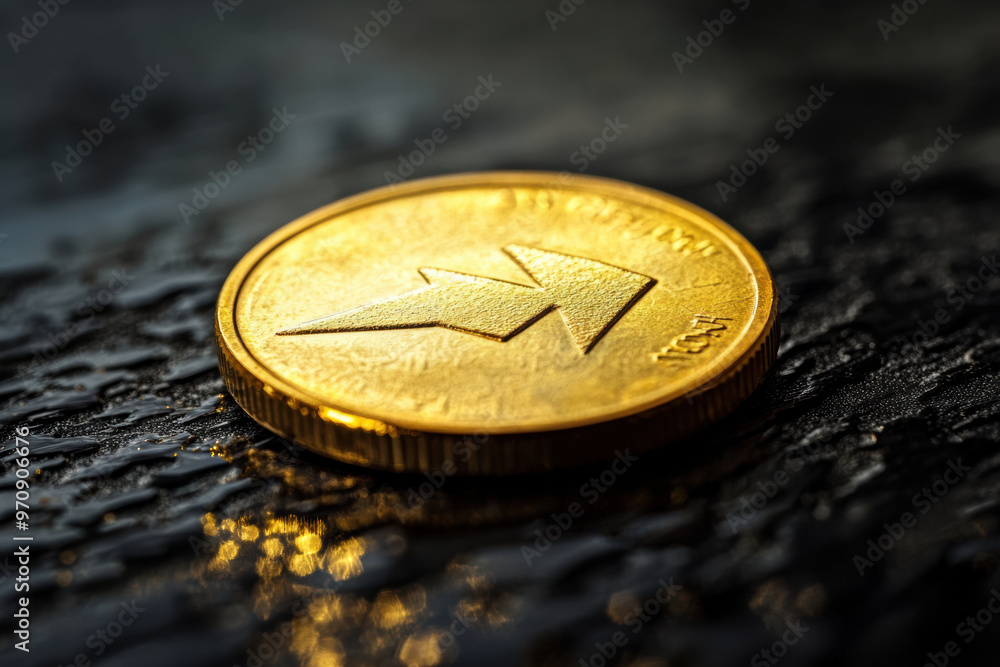 Poster a gold coin with downward arrow symbol, representing decline in value, rests on textured surface. sh