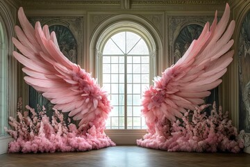 Pink angel wings digital backdrop. Chateau French interior for photography. Arched window, mural wallpaper.