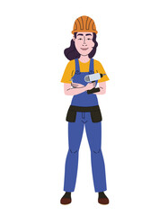 Female builder holding screwdriver. Woman in linear flat style.