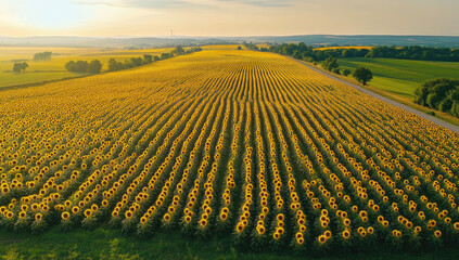 Aerial view of a rapeseed field in spring, a wide shot with bright yellow flowers covering the land, a clear sky, and distant mountains. Created with Ai