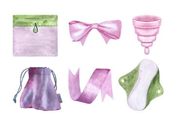 A menstrual cup, a period pad, a fabric pouch and ribbons watercolor set isolated on white. Great for eco-friendly menstrual care design, packaging, websites. Sustainable lifestyle of modern women