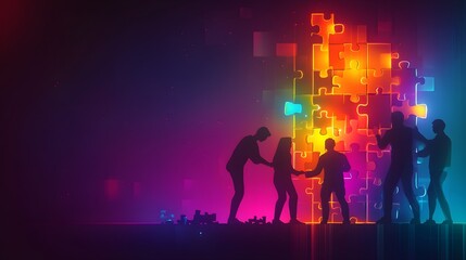 Team Working Together on Puzzle - Neon Glow Concept