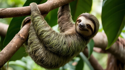 Fototapeta premium Title: Funny Sloth Hanging on Tree Branch with a Cute Face