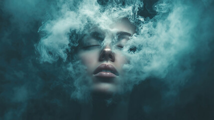 A close-up of a woman’s face surrounded by surreal mist and smoke, creating a dreamlike and mysterious atmosphere.