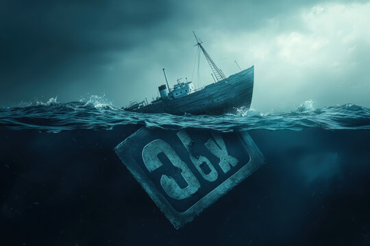 A ship partially submerged in dark waters symbolizes sinking feeling of rising interest rates. scene evokes sense of urgency and concern about financial stability