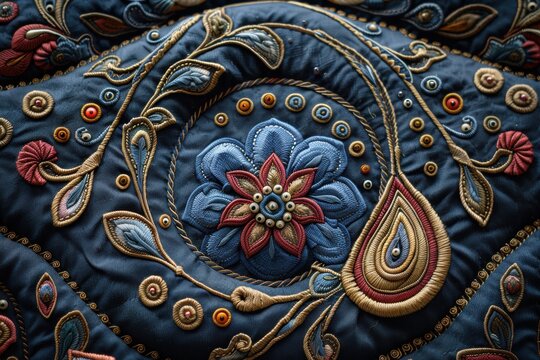 Tela de color azul oscuro con bordado en 3d de flores y plantas. Recurso gr&aacute;fico, fondo.