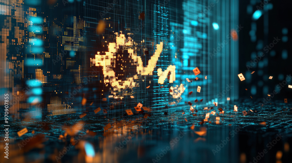Poster digital representation of interest rate percentages dissolving into visual symbol, showcasing blend 