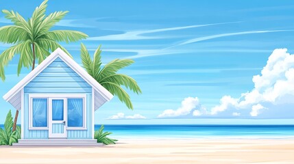 Charming beach house scene with palm trees, blue sky, and serene ocean waves. Perfect for summer and vacation-themed projects.