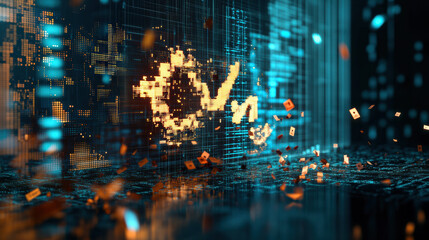 Obraz premium Digital representation of interest rate percentages dissolving into visual symbol, showcasing blend of technology and finance. vibrant colors and dynamic elements create an engaging atmosphere