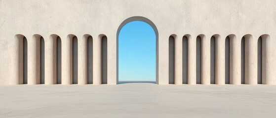 Obraz premium An expansive architectural composition featuring tall arches against a serene blue sky, creating a mood of tranquility and openness.