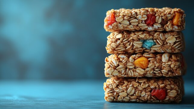 A stack of colorful granola bars on a blue background, showcasing a healthy snack option.