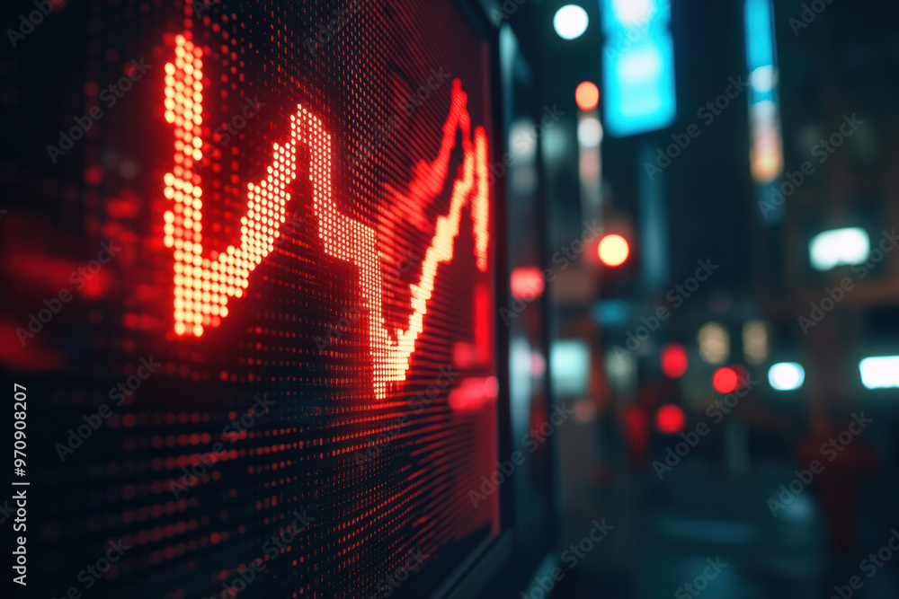 Poster image depicts digital display showing declining stock market trend with red lines, symbolizing falli