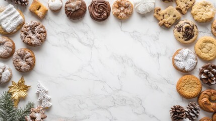 Christmas baking top border with a variety of cookies and sweet treats. Above view on a white marble banner background with copy space. Holiday baking concept.