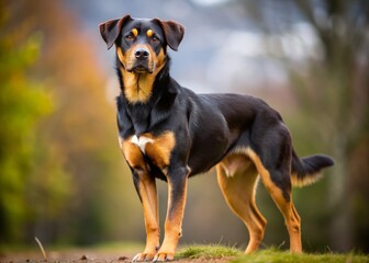A sturdy canine stands tall, its black and tan coat glistening in the sun, floppy ears flapping gently in the breeze.