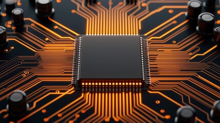 Close-up of a microchip on a circuit board showcasing intricate electronic design and vibrant connections.