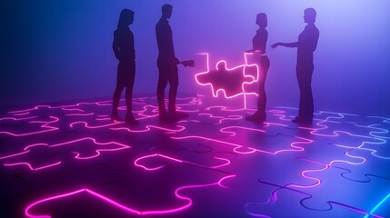 Teamwork Puzzle Neon Light Abstract Business Concept