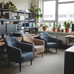 Interior of an office with desks, sofas, computer monitors, and a shelf by the window
