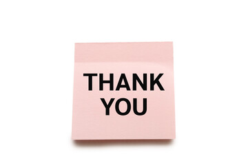 Text THANK YOU on pink sticky note isolated on white background with clipping path.