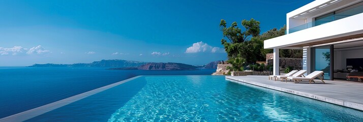 A luxurious resort showcasing an expansive infinity pool that seamlessly merges with the azure ocean, offering unparalleled views, comfort, and a perfect vacation retreat.