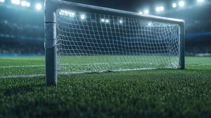 Fototapeta premium A close-up view of a soccer goal on a well-maintained grass field under stadium lights.