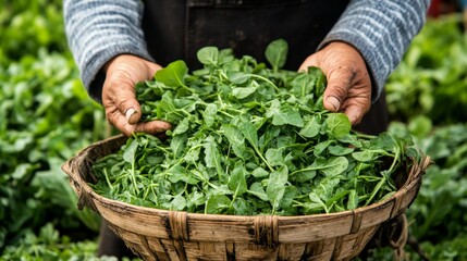 Fototapeta premium Farmer hands holding fresh Chinese mustard green from garden. Chinese mustard green soaked in a basin of water. Cleaning vegetables.