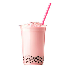 Bubble tea drink that features tapioca pearls and ice isolated on white transparent background.