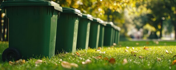 A row of green plastic garbage cans 