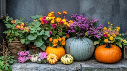 Autumn still life with colorful pumpkins and season flowers. Decorative pumpkins. Harvest garden decoration.