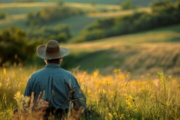 Farmer wearing straw hat sitting in meadow looking at farm at sunset